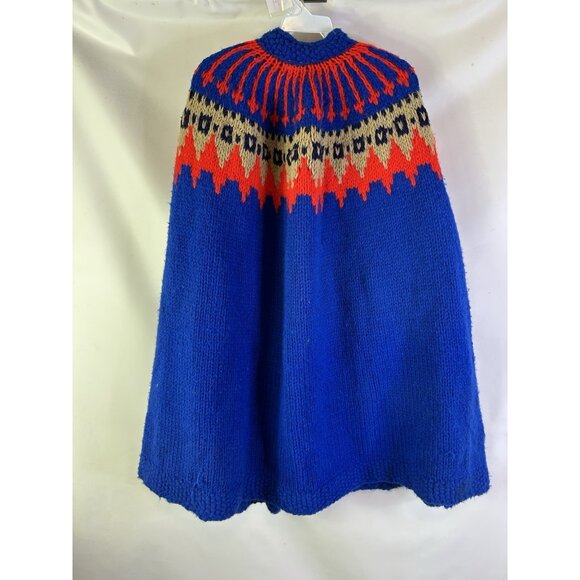 Vintage 70s Hand Knit Fair Isle Nordic Cardigan Sweater Cape Coat Rockabilly - Picture 7 of 8
